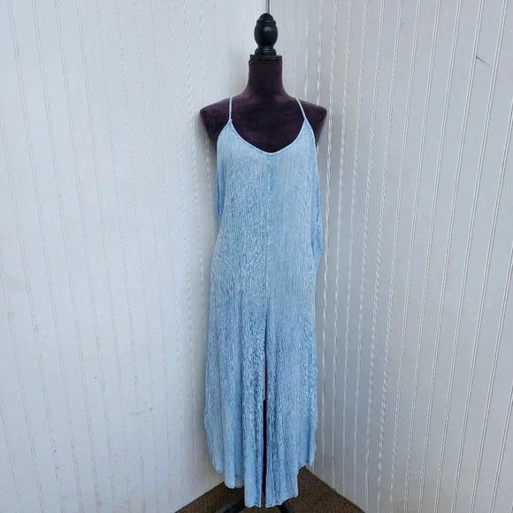 Kiwi + Punch Women's Boho Wide Leg Jumpsuit Blue Crinkle Stretch One Piece Sz S - Picture 1 of 15